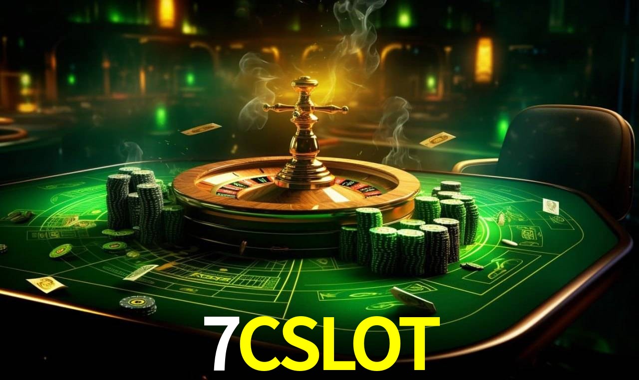 Escena dinámica inspirada en casino con iluminación 7CSLOT, cartas, fichas e íconos de juegos digitales en un espacio moderno de juegos.